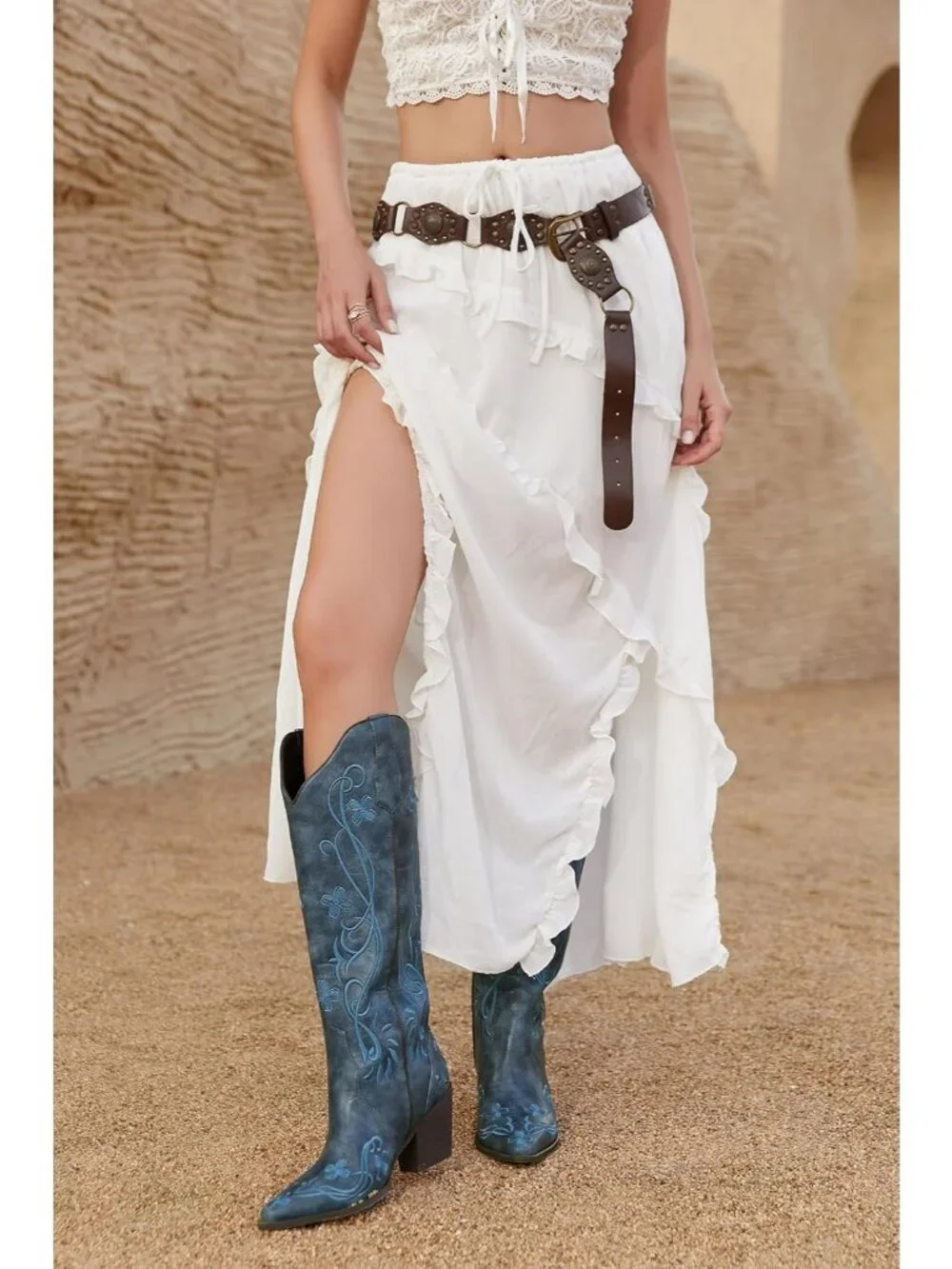 Women's Blue pu Knee High Floral Embroidered Vintage Cowgirl Boots